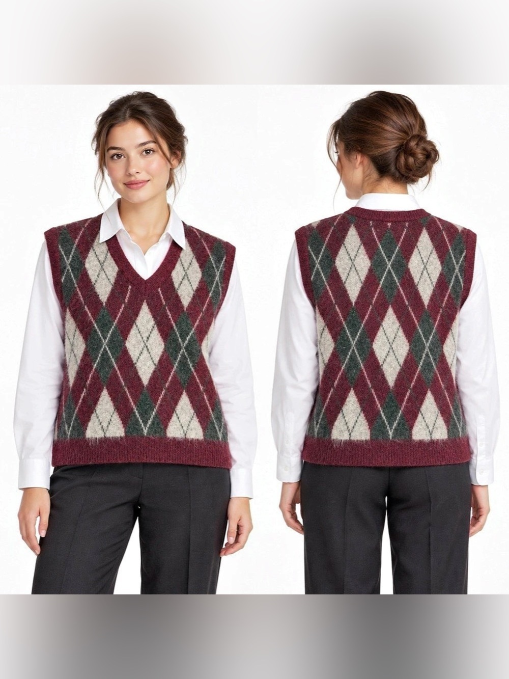 NWT Marled Argyle V-Neck Sweater Vest Burgundy & Gray Soft Knit Size Medium